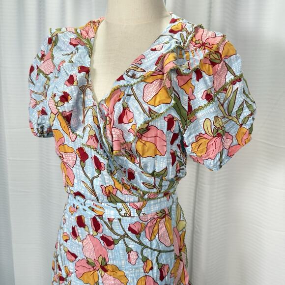 Poupette St. Barth Size Large Aude Wrap Mini Dress Blue Floral Ruffle Feminine - Picture 3 of 12